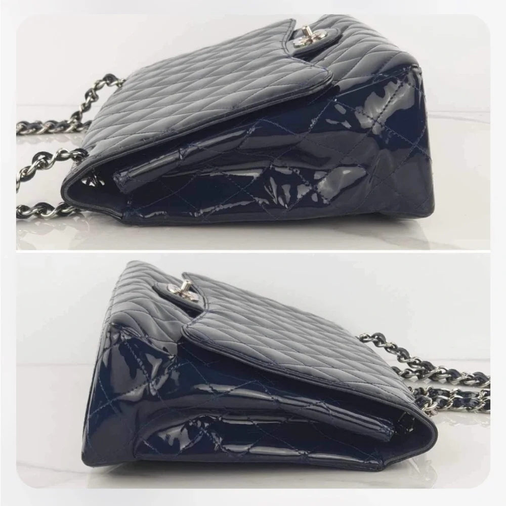 Chanel Navy Quilted Patent Leather Jumbo Maxi Bag - Picture 4 of 13